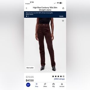 GAP High Rise Vintage Slim corduroys in wine/burgandy
